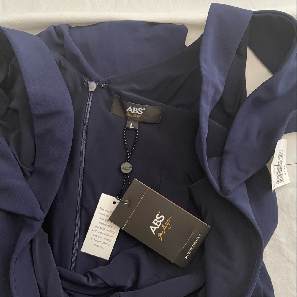 ABS by Allen Schwartz Navy Triangle Sleeve Deep V-Neck Gown - Picture 11 of 16